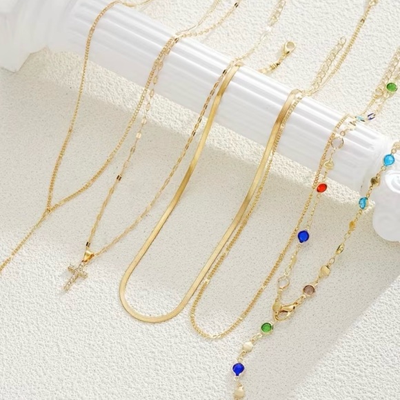 5 pc Set Gold Multi-Color Gem Layered Necklace - Picture 3 of 5